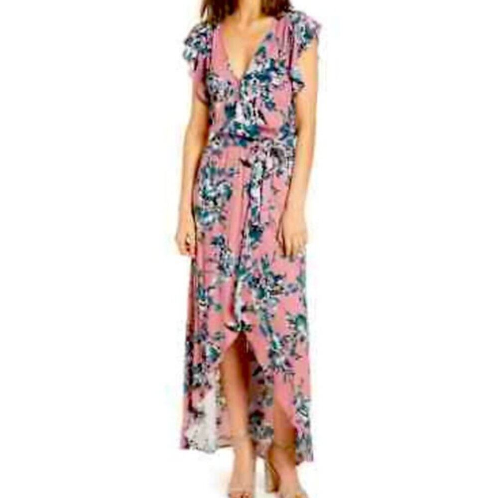 Splendid Faux Wrap Maxi Dress Pink Floral High Low Size Small